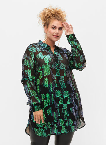 Long viscose shirt with lurex structure, Black W. Green Lurex, Model image number 0