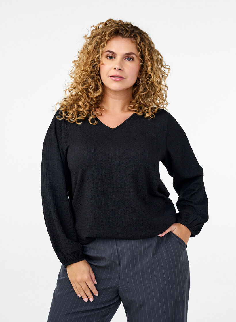 FLASH - Blouse with texture and long sleeves, Black, Model image number 0