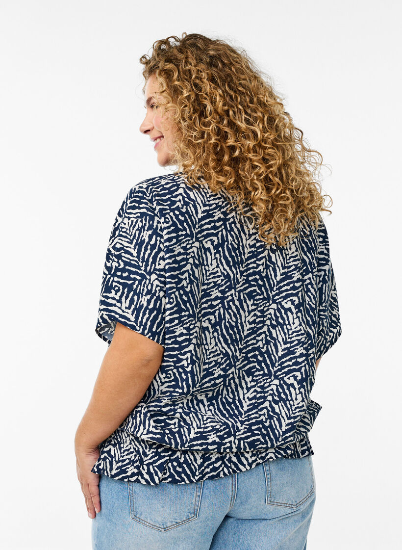 Blouse with short sleeves and a ruffled hem, Blue, Model image number 2