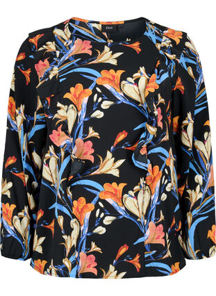Long sleeved blouse with ruffles, Black Flower AOP, Packshot image number 0
