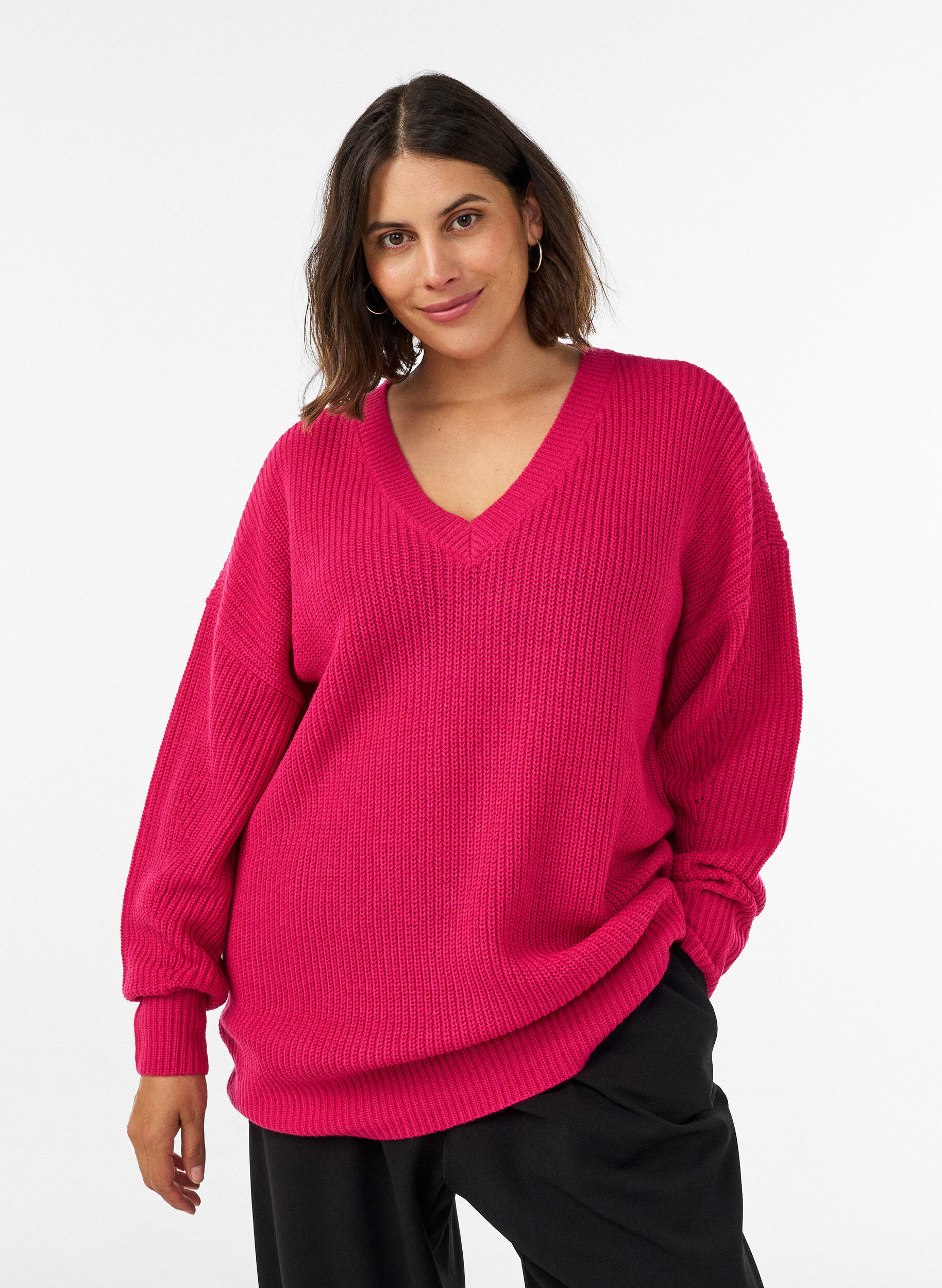 ZizzifashionLong rib-knit blouse with a V-neck, Pink, Model image number 0