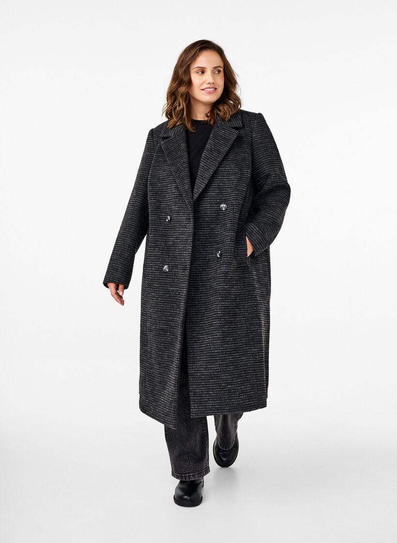 Checked wool coat with a brushed texture, Black Comb, Model image number 0