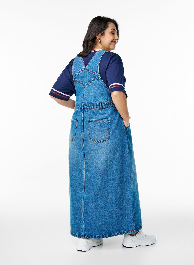 Midi denim overall dress, Blue Denim, Model image number 1