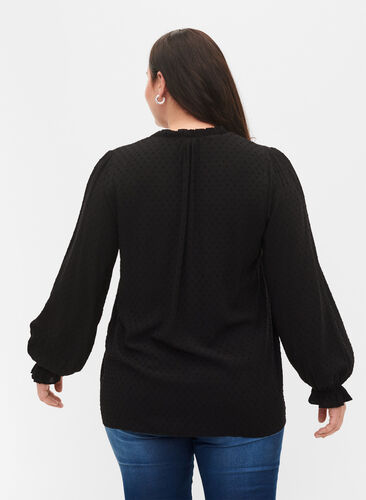 Long-sleeved blouse with smock and ruffle details, Black, Model image number 1