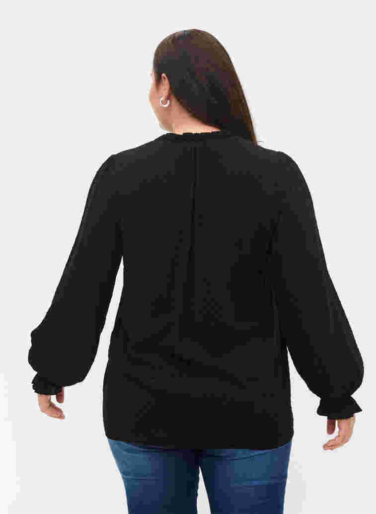 Long-sleeved blouse with smock and ruffle details, Black, Model image number 1