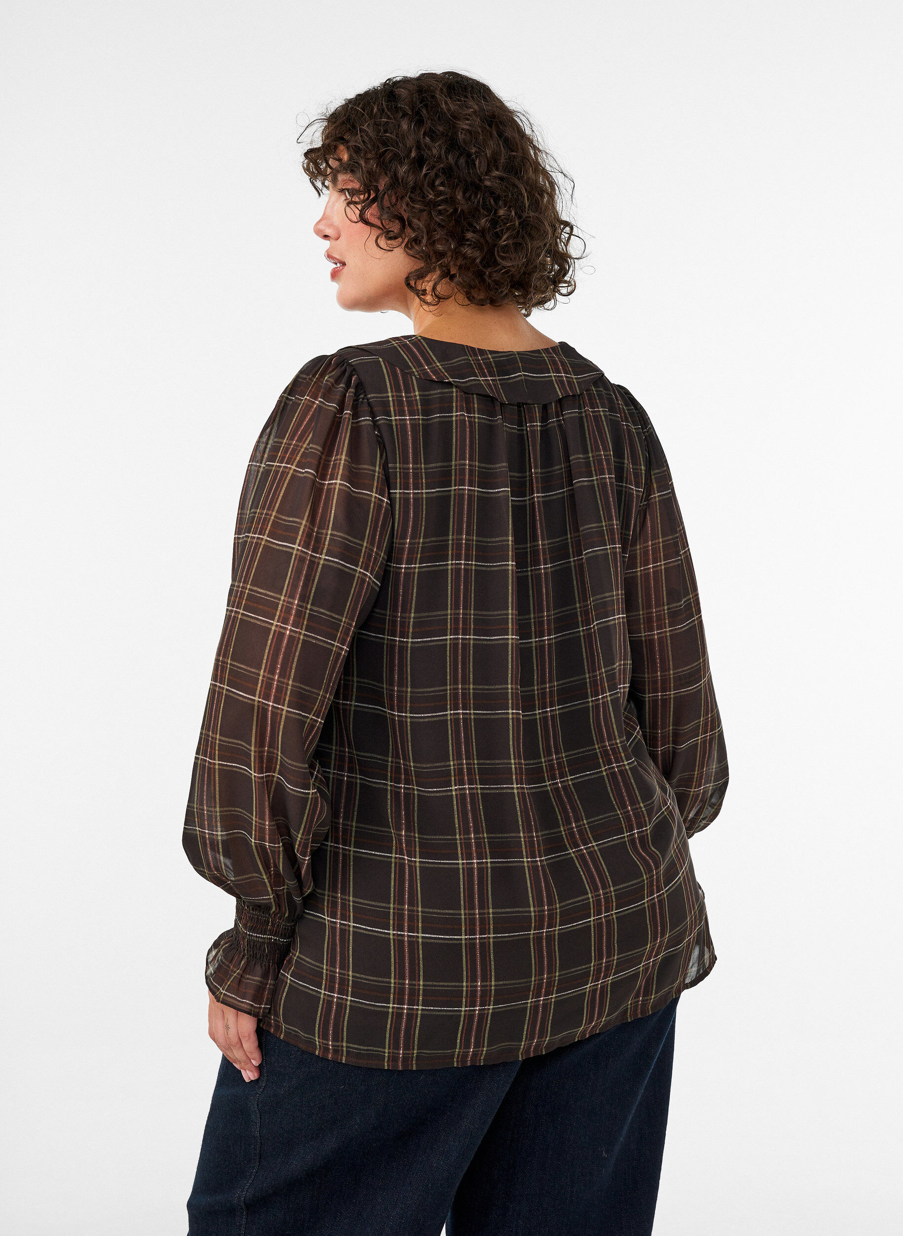 ZizzifashionBlouse with check and ruffle details, Green, Model image number 2