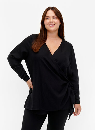 Long-sleeved blouse in viscose with a wrap look, Black, Model image number 0