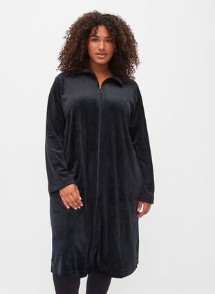 Velour bathrobe with zipper, Black, Model image number 0