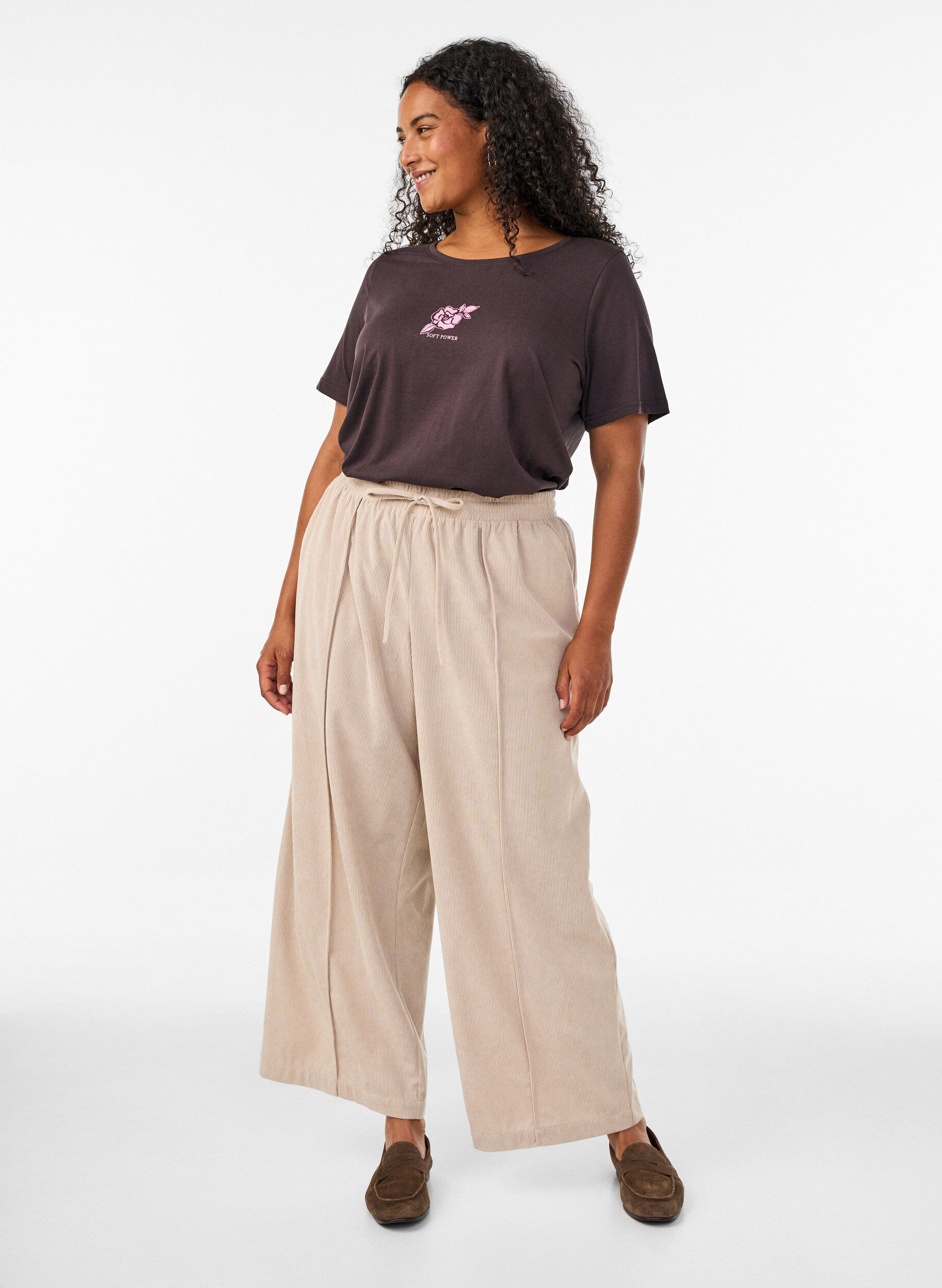ZizzifashionCorduroy trousers with wide legs and a high waist, Beige, Model image number 0