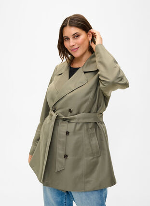 Short trench coat with belt, Dusty Olive, Model image number 0
