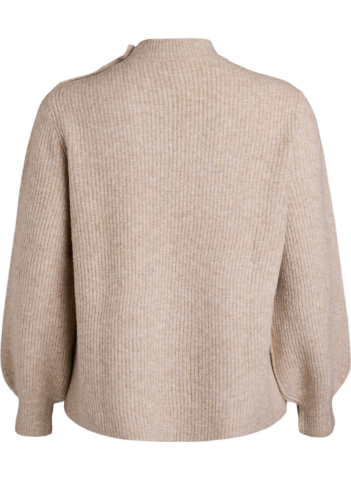 Ribbed jumper with puff sleeves and buttons, Beige, Packshot image number 1
