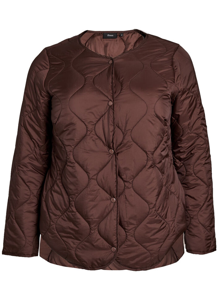 Quilted jacket with press studs and a round neck, Brown, Packshot image number 0