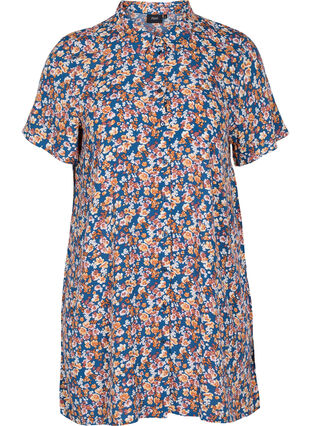 Printed viscose tunic with buttons, Amberglow Flowers, Packshot image number 0