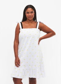 Beach dress in cotton with tie straps, Lemon Print, Model