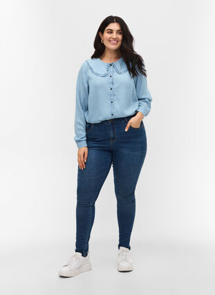 Shirt with large collar and ruffled trim, Light blue denim, Model image number 2