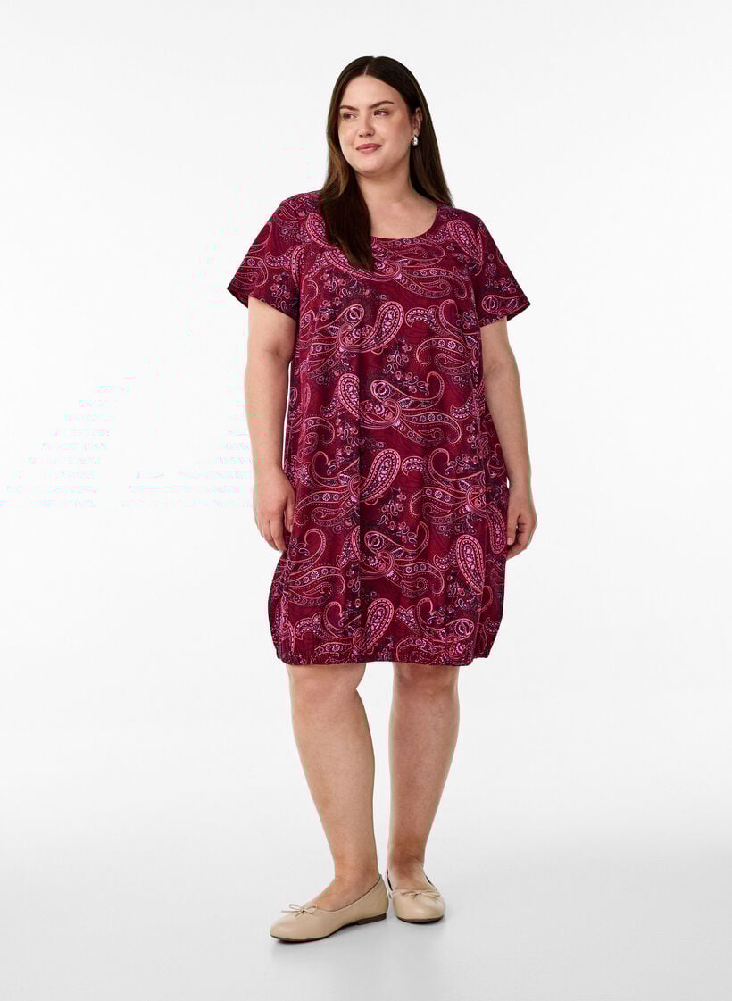Short-sleeved cotton dress with print, Red, Model image number 1