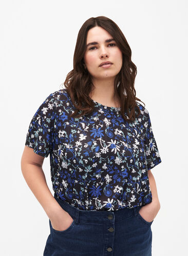 FLASH - T-shirt with floral print, Black Blue Green AOP, Model image number 0