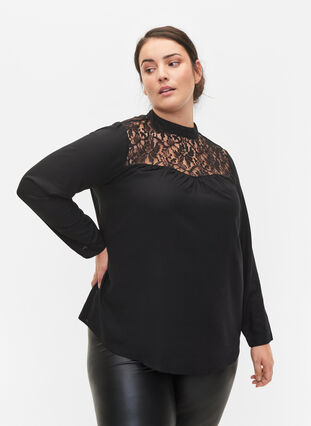 Long-sleeved viscose top with lace, Black, Model image number 0