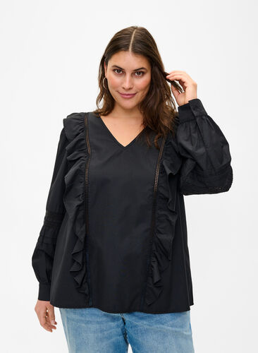 Blouse with ruffles and lace trim, Black, Model image number 0