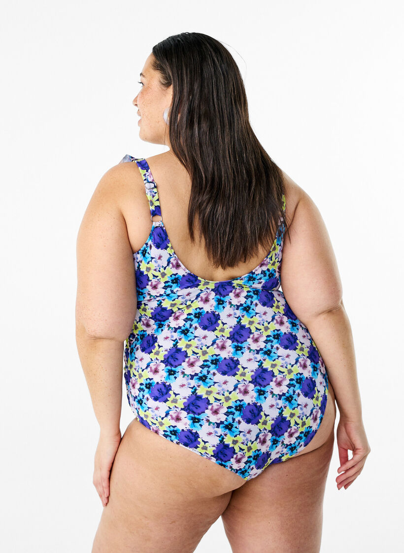 Floral swimsuit with ruffles and removable pads, Purple, Model image number 2