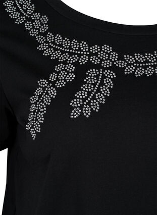 Short-sleeved cotton t-shirt with decorative rhinestones, Black Stone, Packshot image number 2