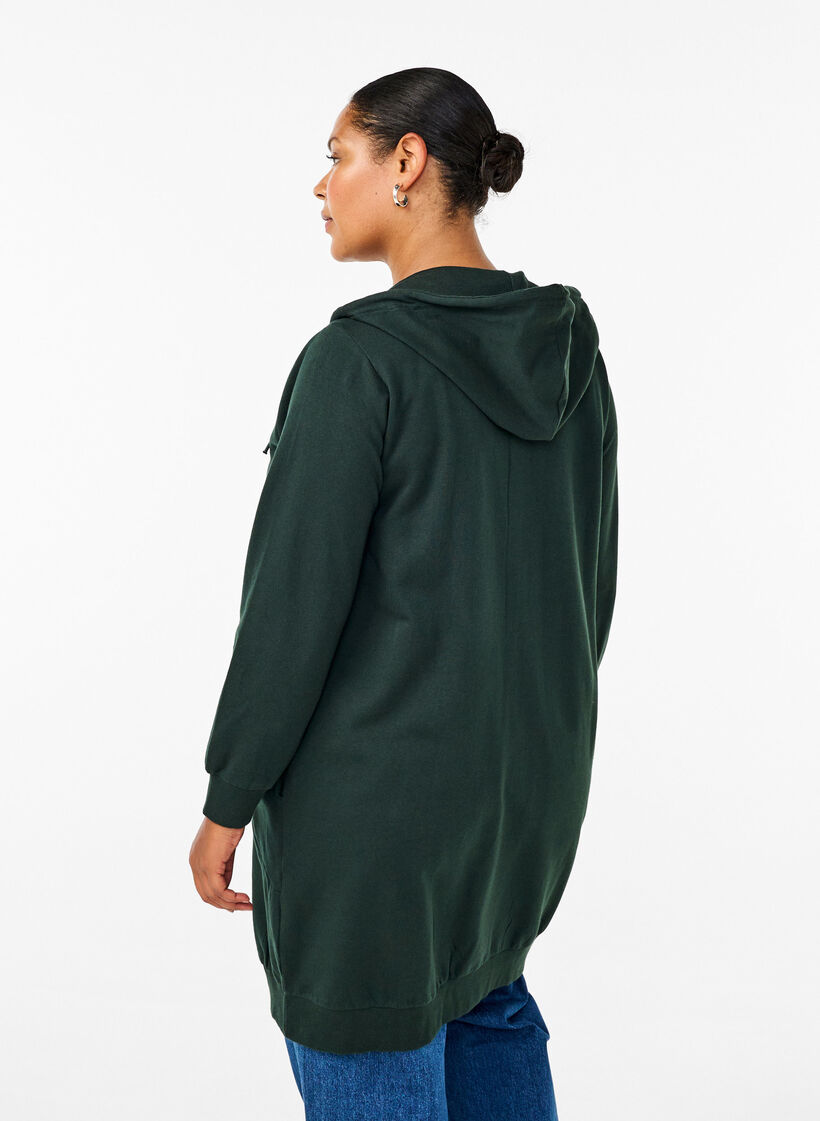 Long cotton sweat cardigan with hood, Green, Model image number 2