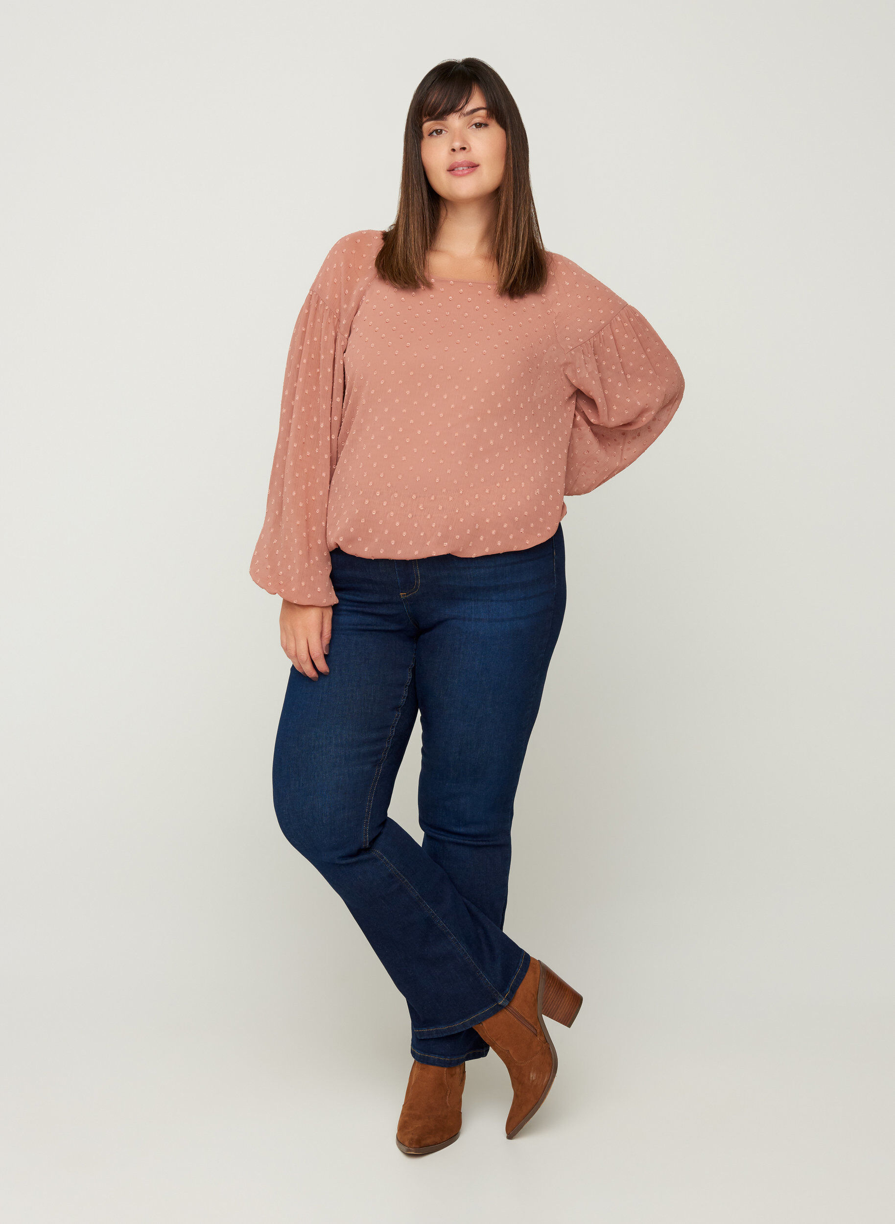 Zizzifashion Long-sleeved mesh blouse with smocking, Burlwood, Model image number 3