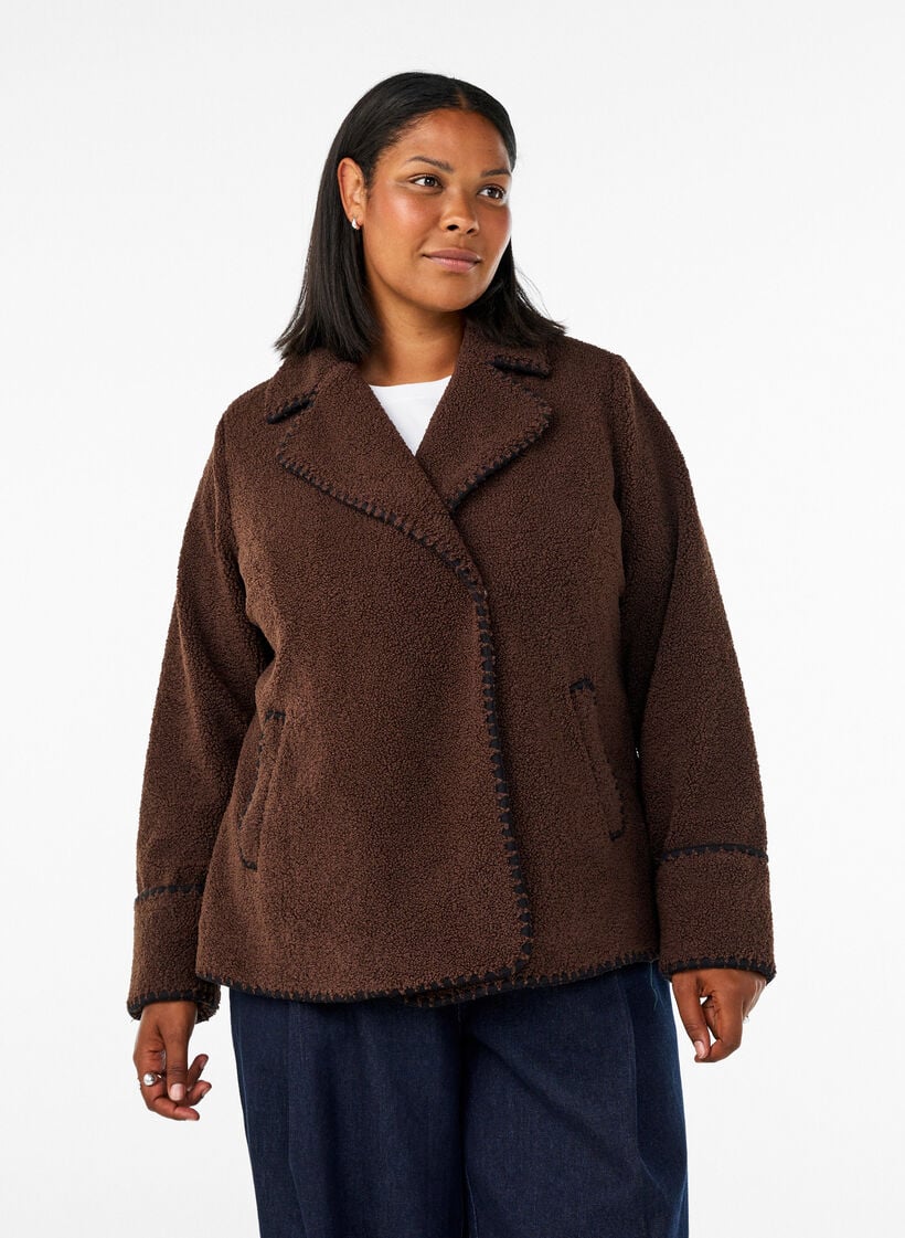 Teddy jacket with contrast details, Brown, Model image number 0