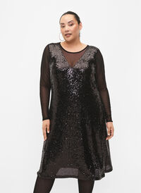 A-line sequin dress with long sleeves, Black, Model
