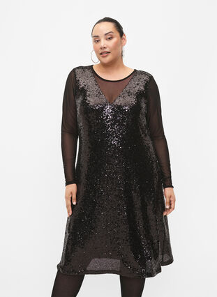 A-line sequin dress with long sleeves, Black, Model image number 0