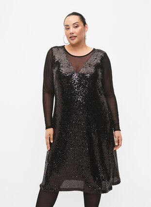 A-line sequin dress with long sleeves - Black - Sz. 40-64 - Zizzifashion A-line sequin dress with long sleeves - Black - Sz. 40-64 - Zizzifashion
