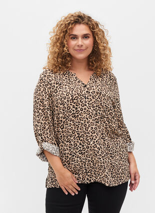 Long-sleeved viscose blouse in animal print, Leo AOP, Model image number 0