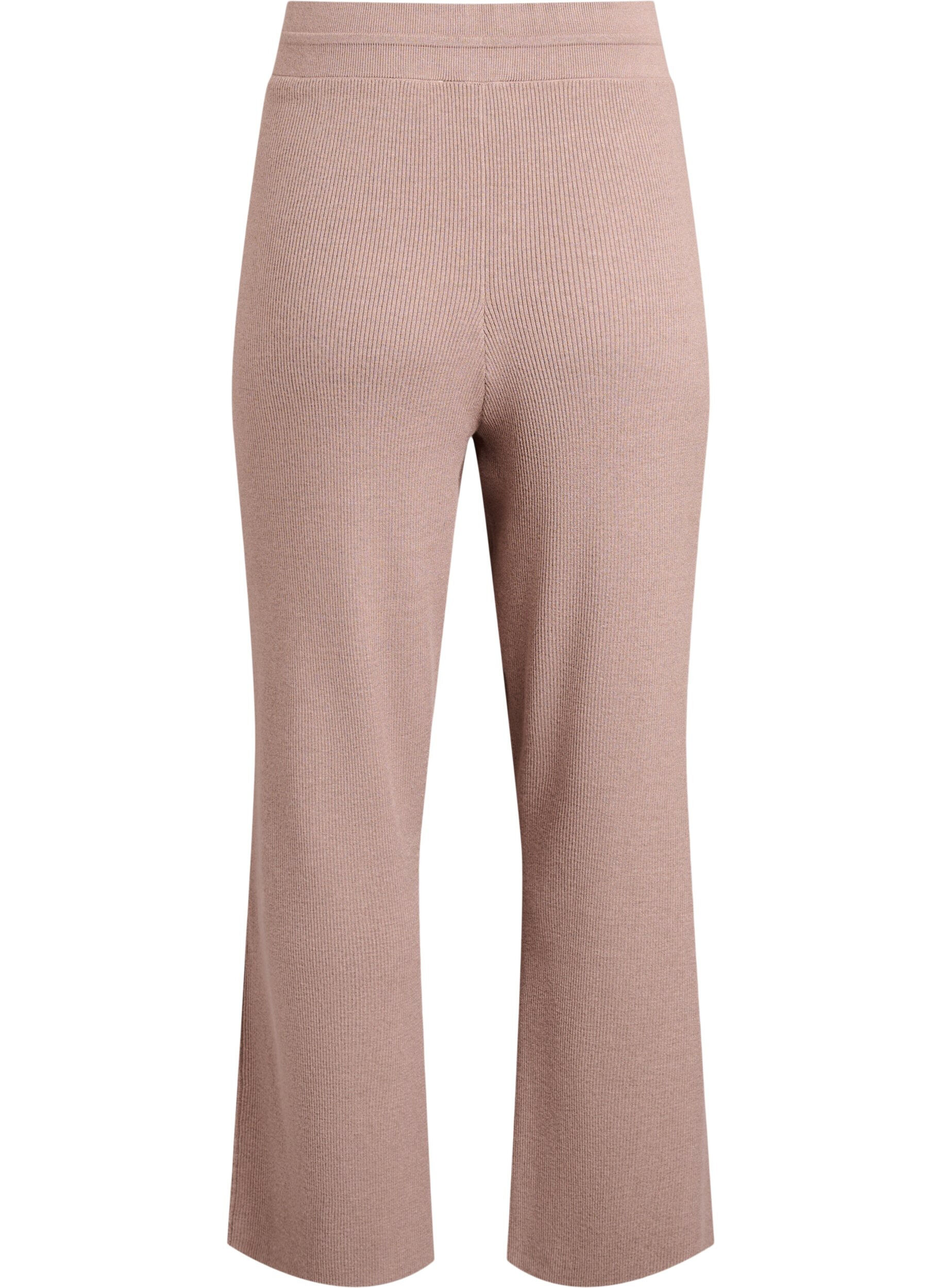 Zizzifashion High-waisted rib-knit trousers with straight legs, Beige, Packshot image number 1