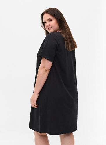 Short-sleeved cotton dress with a-shape, Black, Model image number 1