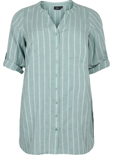 Striped v-neck shirt, Balsam Green Stripe, Packshot image number 0