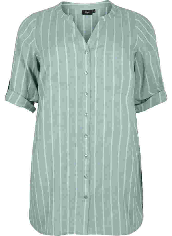 Striped v-neck shirt, Balsam Green Stripe, Packshot image number 0