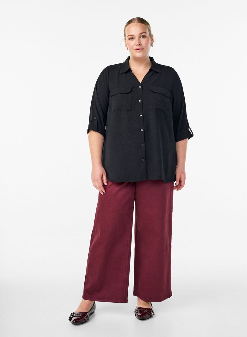FLASH - Shirt with chest pockets and 3/4 sleeves, Black, Model image number 1