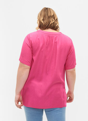 Short-sleeved viscose blouse with v-neck, Shocking Pink, Model image number 1