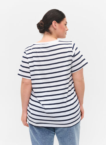 Striped cotton t-shirt with v-neckline, White Navy B Stripe, Model image number 1