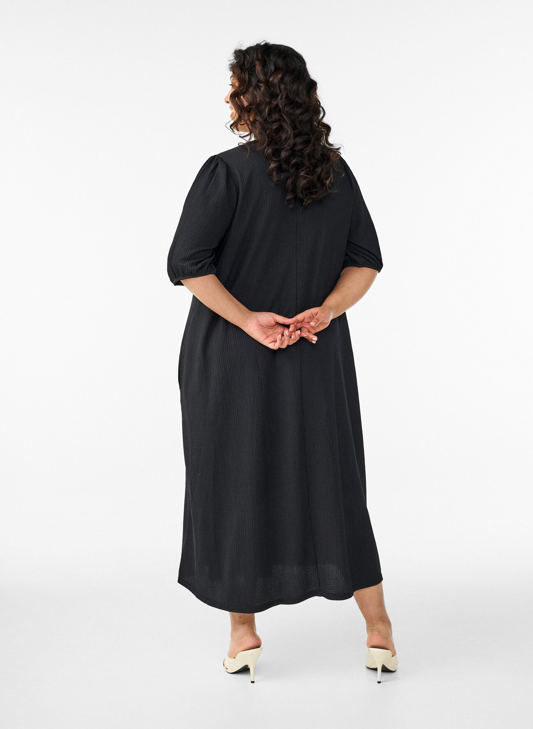 ZizzifashionMidi dress with V-neck and texture, Black, Model image number 1