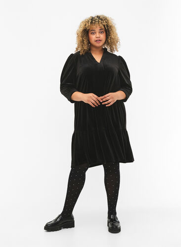 Velour dress with ruffle collar and 3/4 sleeves, Black, Model image number 2