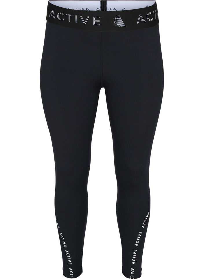 Cropped sport tights with text print, Black, Packshot image number 0