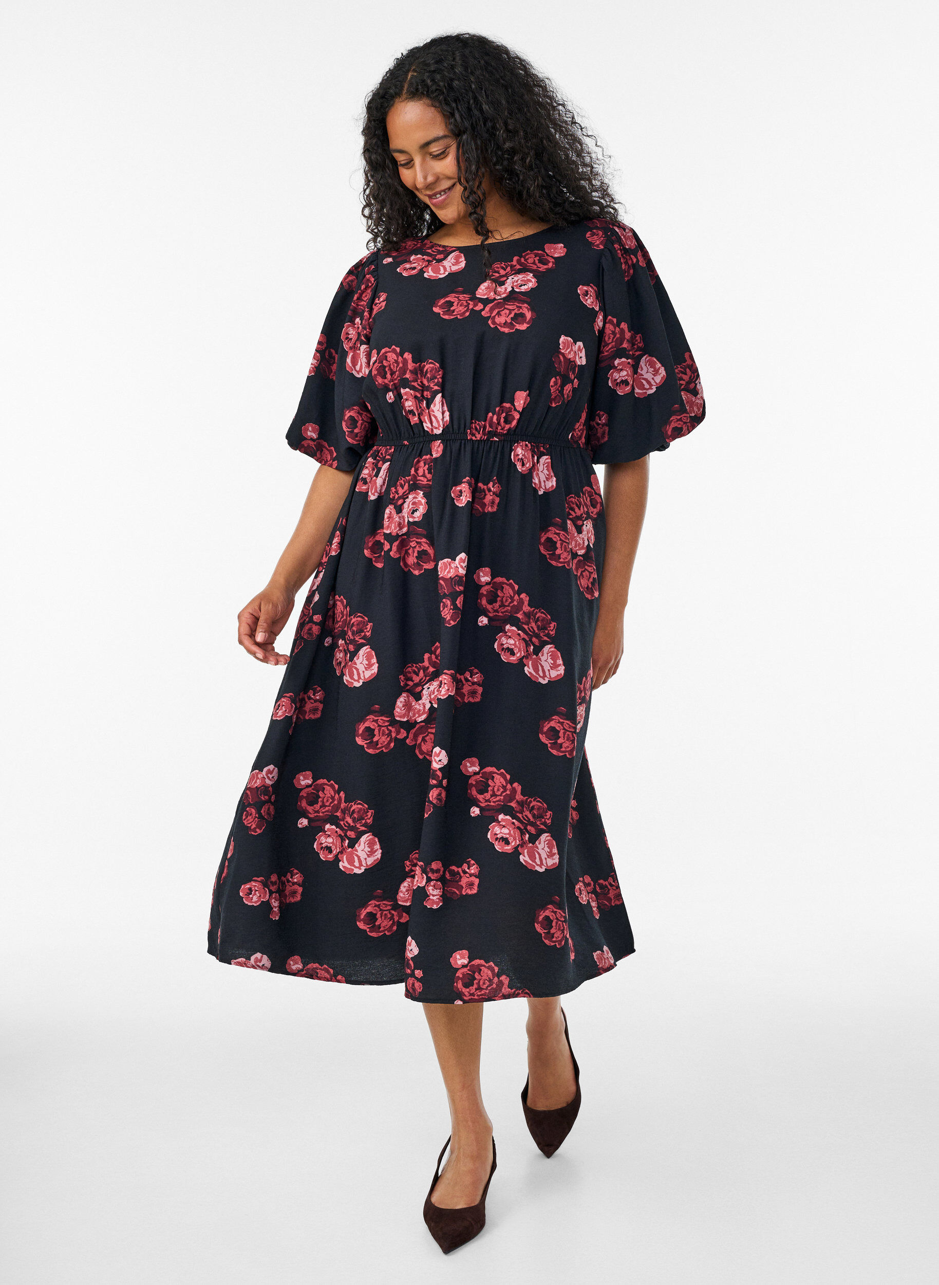 ZizzifashionMidi dress with rose print and short balloon sleeves, Black, Model image number 0