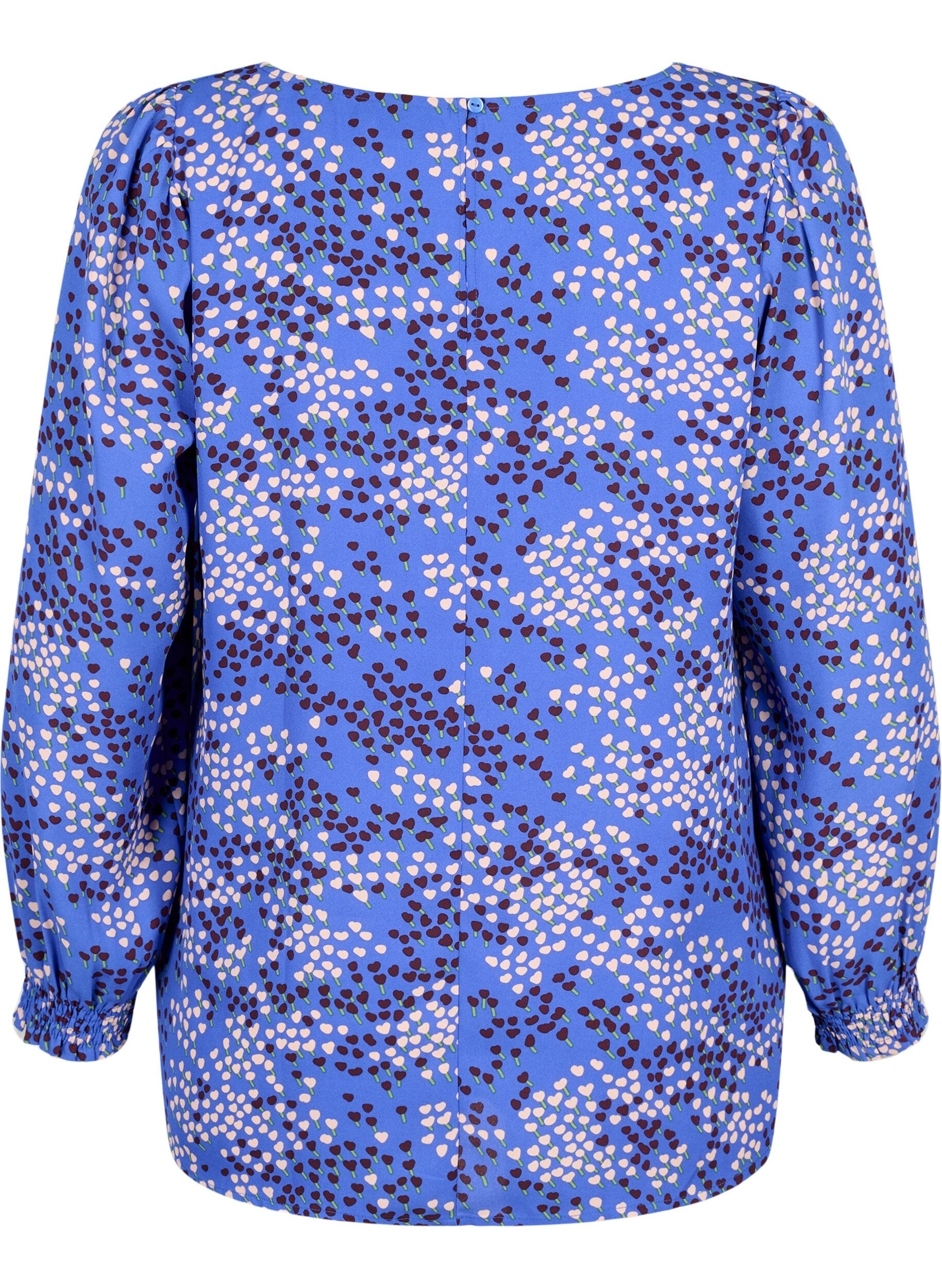 Zizzifashion FLASH - Long sleeved blouse with smock and print, Dazzling Blue AOP, Packshot image number 1