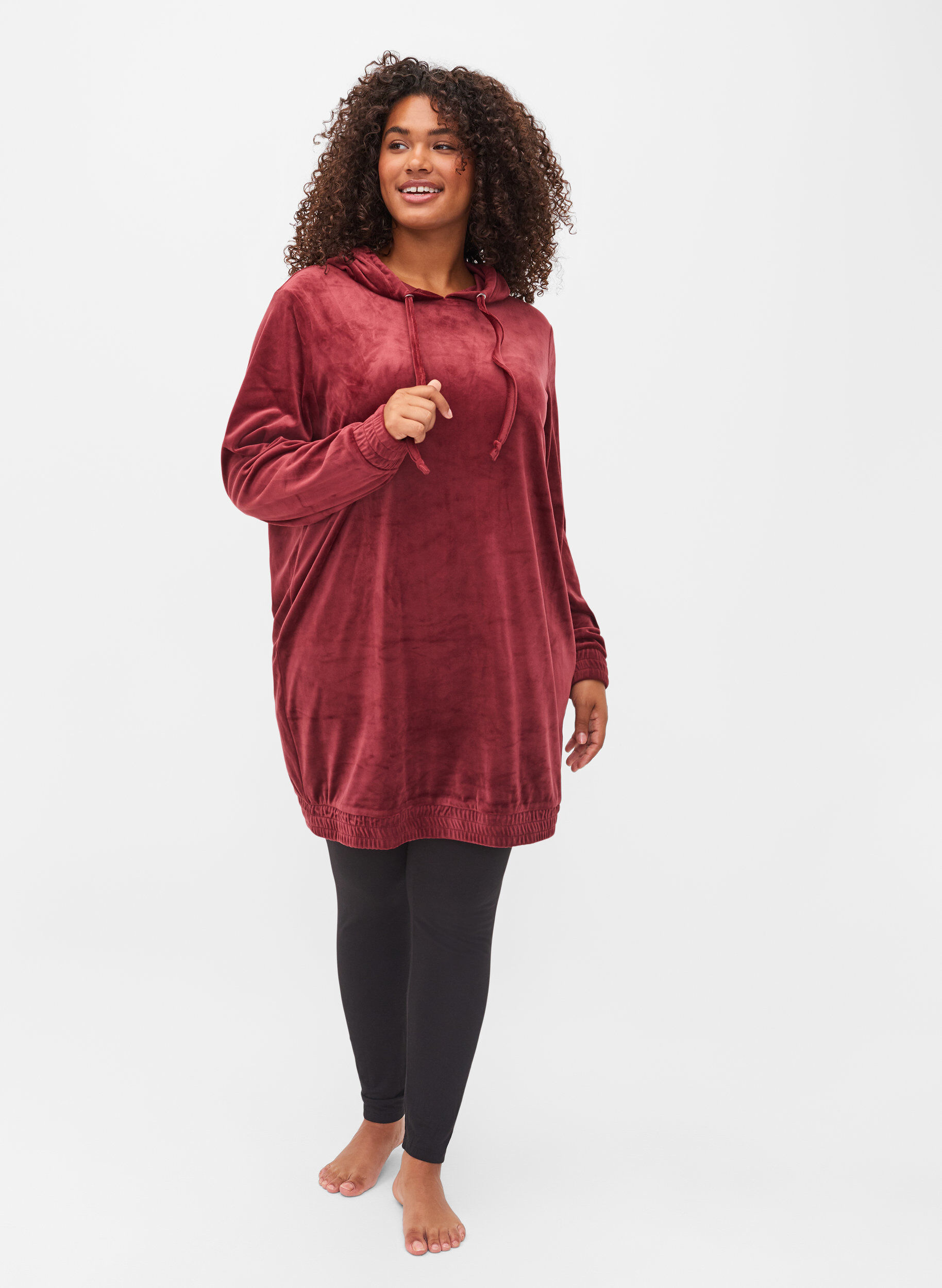 Hooded, velour sweatshirt dress - Red 