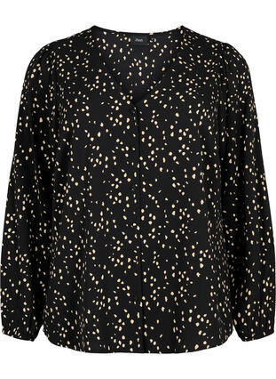 Shirt blouse with v-neck and print, Black Dot AOP, Packshot image number 0