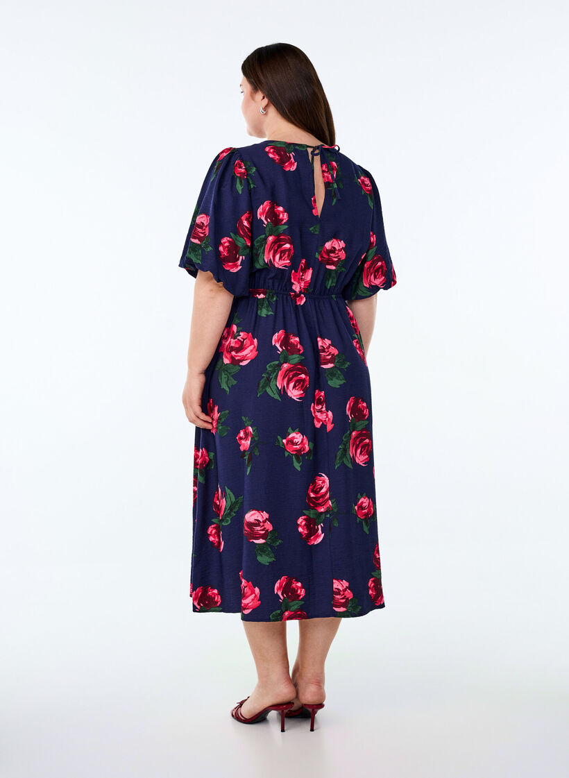 Midi dress with rose print and short balloon sleeves, Blue, Model image number 2