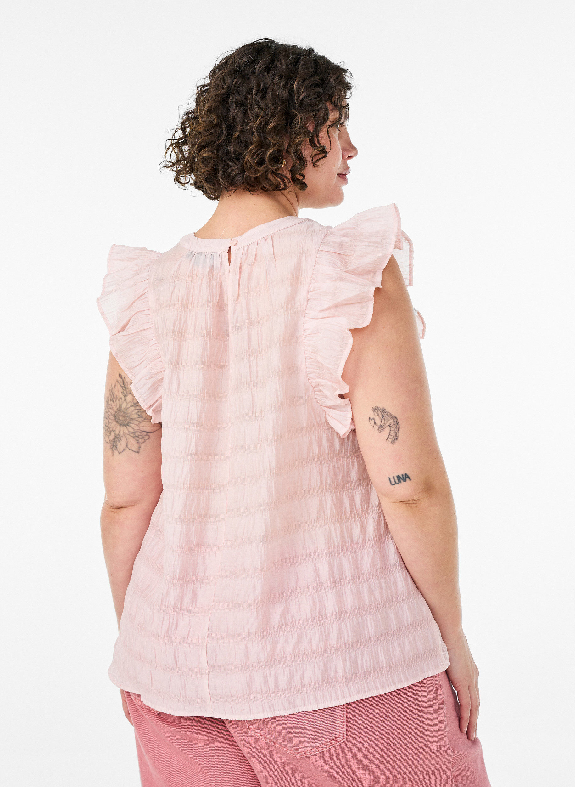 ZizzifashionSleeveless blouse with texture and ruffles, Rose, Model image number 2
