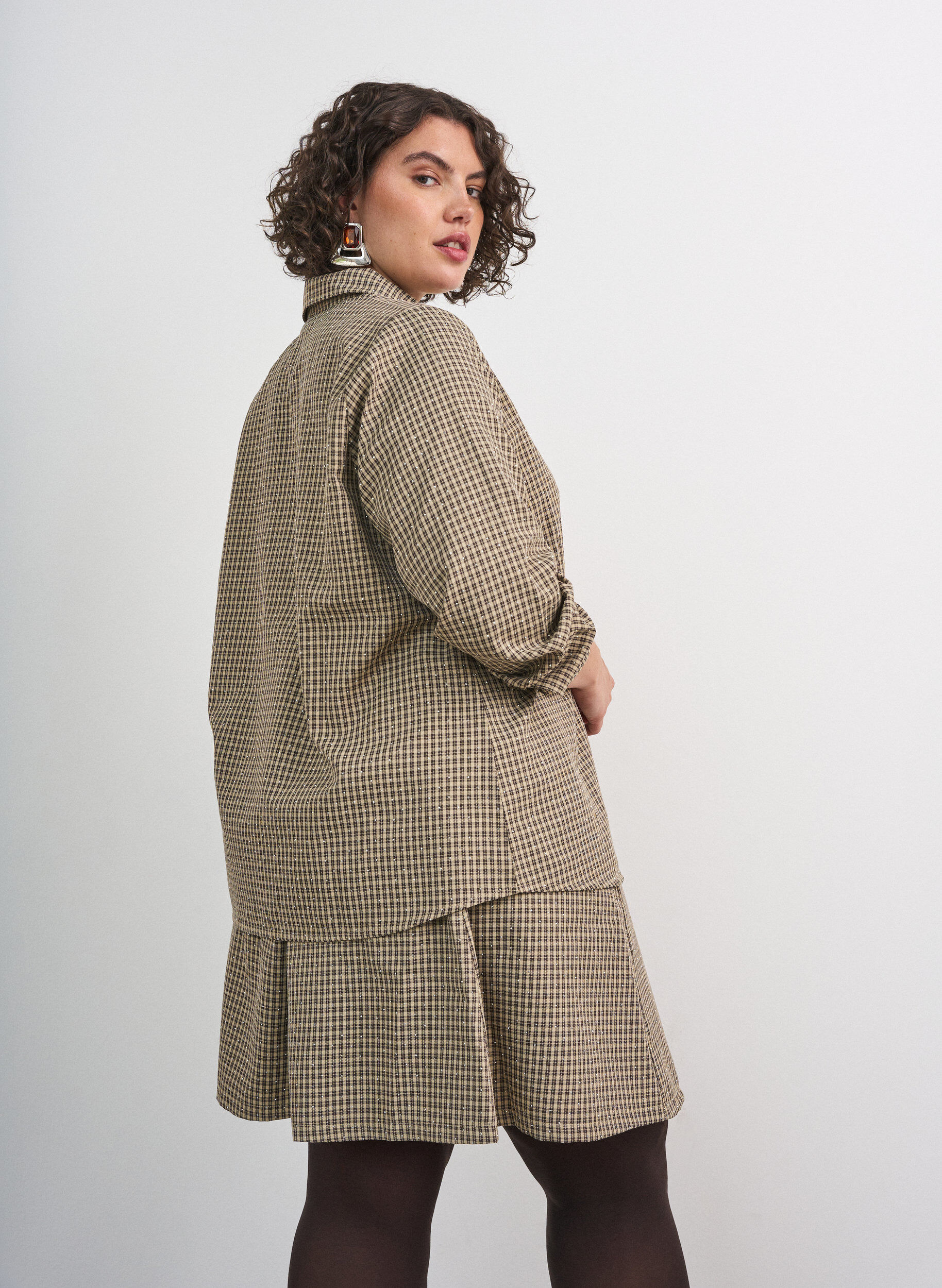 ZizzifashionSkirt with a mini-check pattern and rhinestones, Brown, Model image number 2