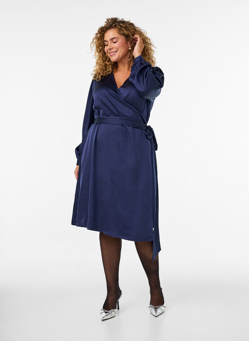 Short satin dress with wrap design, Blue, Model image number 1
